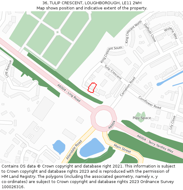 36, TULIP CRESCENT, LOUGHBOROUGH, LE11 2WH: Location map and indicative extent of plot