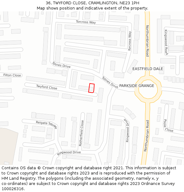 36, TWYFORD CLOSE, CRAMLINGTON, NE23 1PH: Location map and indicative extent of plot