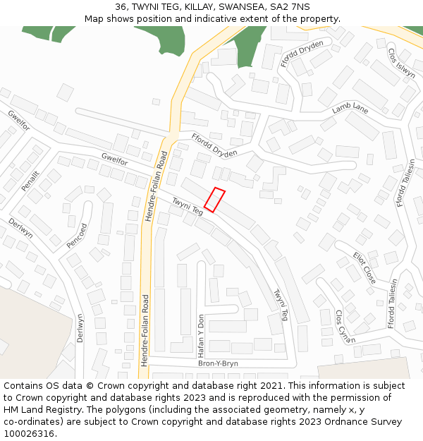 36, TWYNI TEG, KILLAY, SWANSEA, SA2 7NS: Location map and indicative extent of plot