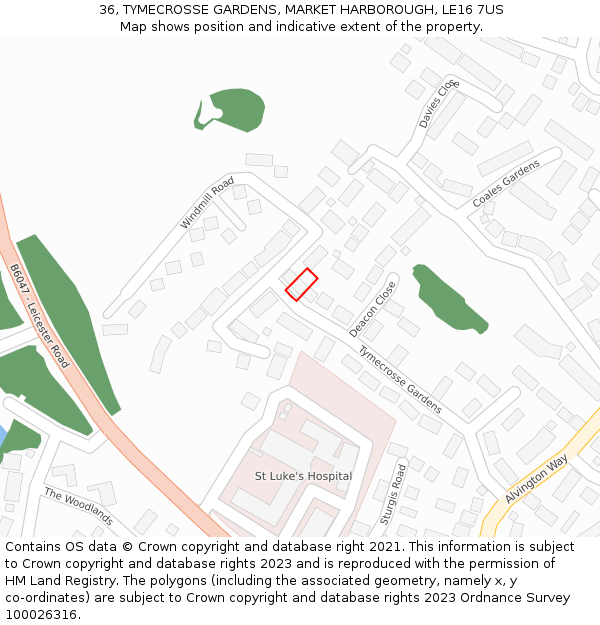 36, TYMECROSSE GARDENS, MARKET HARBOROUGH, LE16 7US: Location map and indicative extent of plot