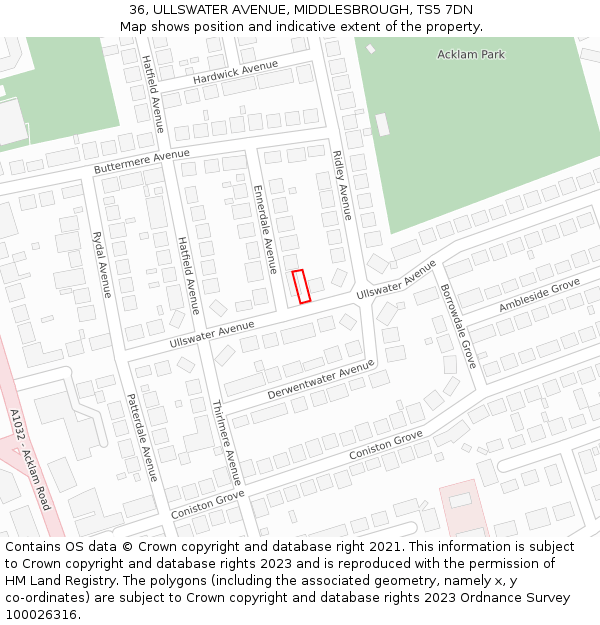 36, ULLSWATER AVENUE, MIDDLESBROUGH, TS5 7DN: Location map and indicative extent of plot