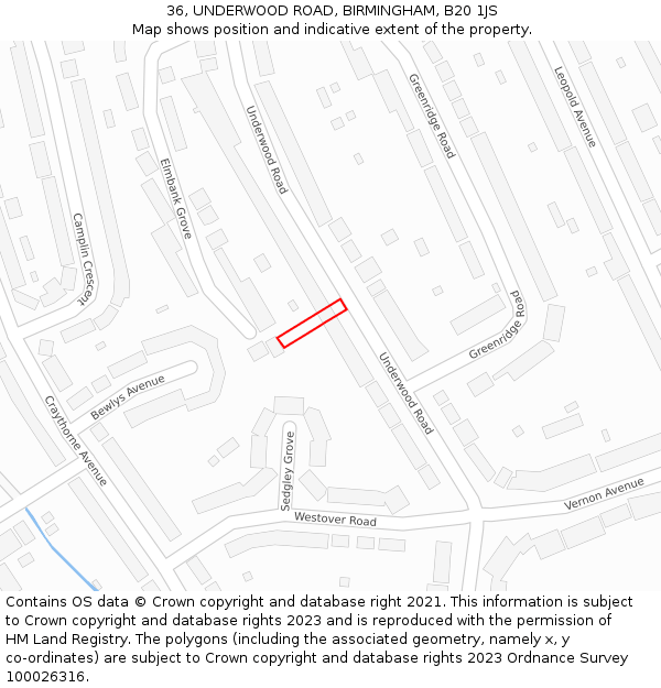 36, UNDERWOOD ROAD, BIRMINGHAM, B20 1JS: Location map and indicative extent of plot