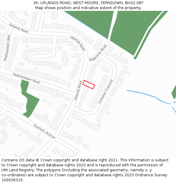 36, UPLANDS ROAD, WEST MOORS, FERNDOWN, BH22 0BT: Location map and indicative extent of plot