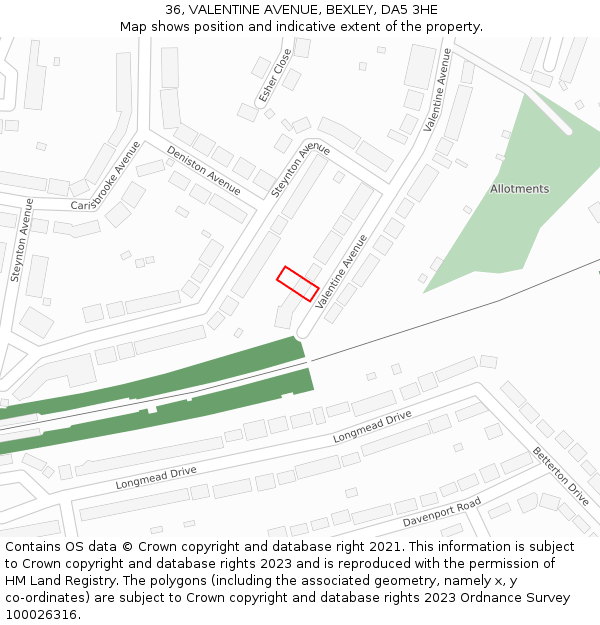 36, VALENTINE AVENUE, BEXLEY, DA5 3HE: Location map and indicative extent of plot