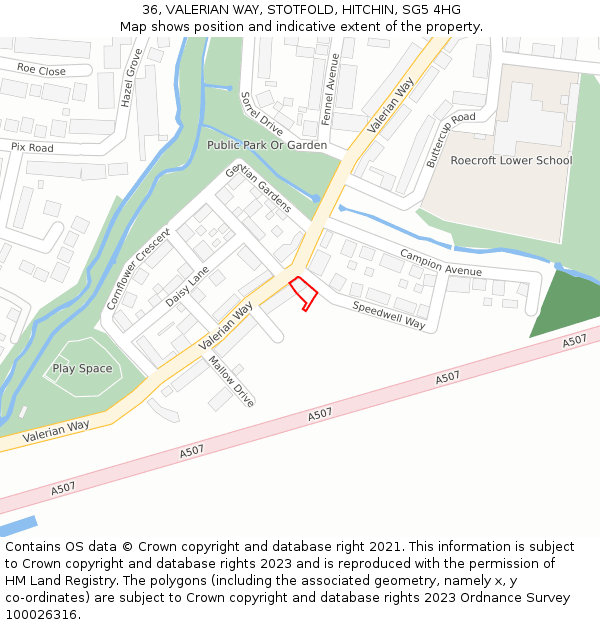 36, VALERIAN WAY, STOTFOLD, HITCHIN, SG5 4HG: Location map and indicative extent of plot