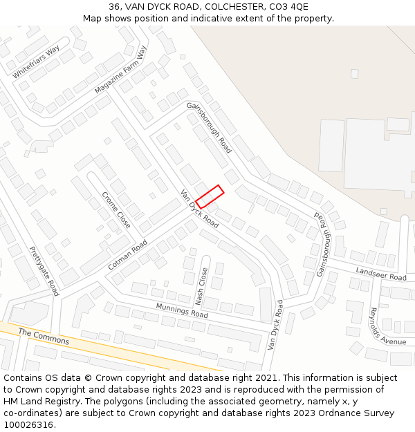 36, VAN DYCK ROAD, COLCHESTER, CO3 4QE: Location map and indicative extent of plot