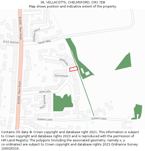 36, VELLACOTTS, CHELMSFORD, CM1 7EB: Location map and indicative extent of plot