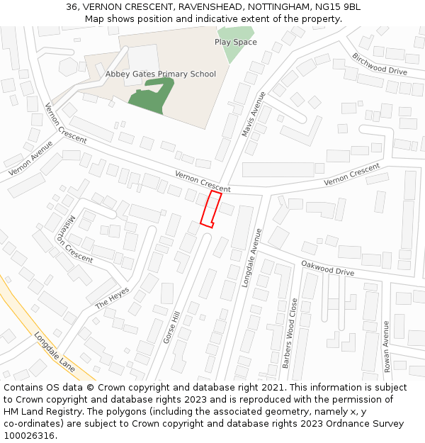 36, VERNON CRESCENT, RAVENSHEAD, NOTTINGHAM, NG15 9BL: Location map and indicative extent of plot