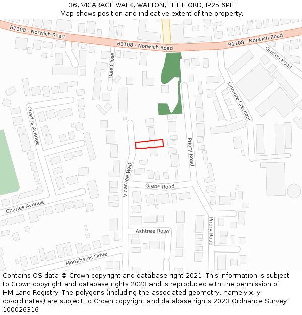 36, VICARAGE WALK, WATTON, THETFORD, IP25 6PH: Location map and indicative extent of plot