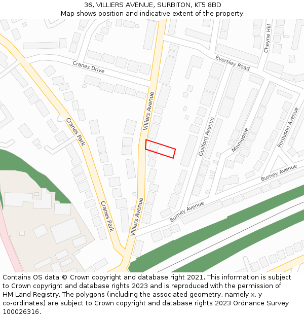 36, VILLIERS AVENUE, SURBITON, KT5 8BD: Location map and indicative extent of plot