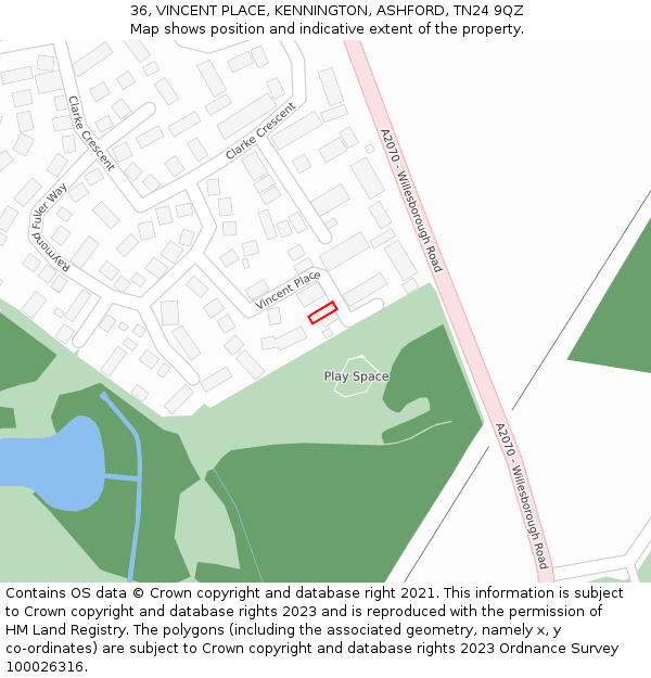 36, VINCENT PLACE, KENNINGTON, ASHFORD, TN24 9QZ: Location map and indicative extent of plot