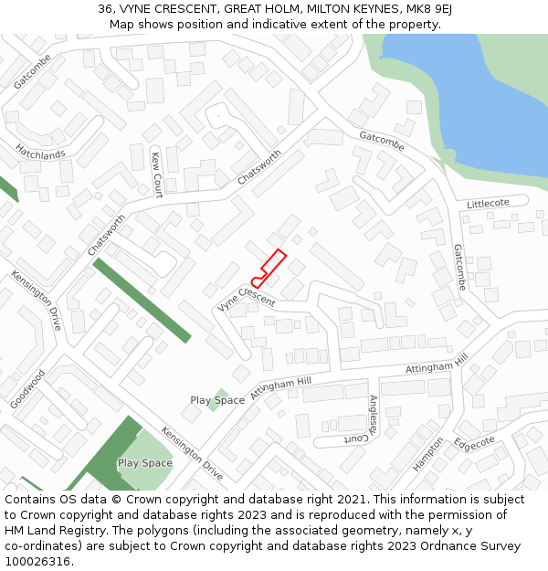 36, VYNE CRESCENT, GREAT HOLM, MILTON KEYNES, MK8 9EJ: Location map and indicative extent of plot