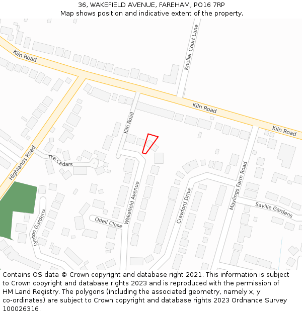 36, WAKEFIELD AVENUE, FAREHAM, PO16 7RP: Location map and indicative extent of plot