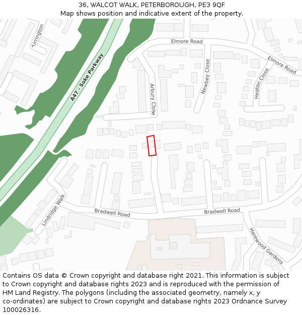 36, WALCOT WALK, PETERBOROUGH, PE3 9QF: Location map and indicative extent of plot