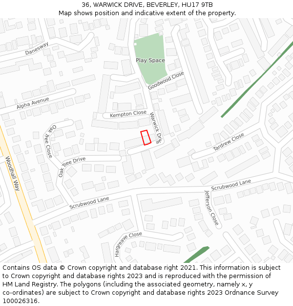 36, WARWICK DRIVE, BEVERLEY, HU17 9TB: Location map and indicative extent of plot