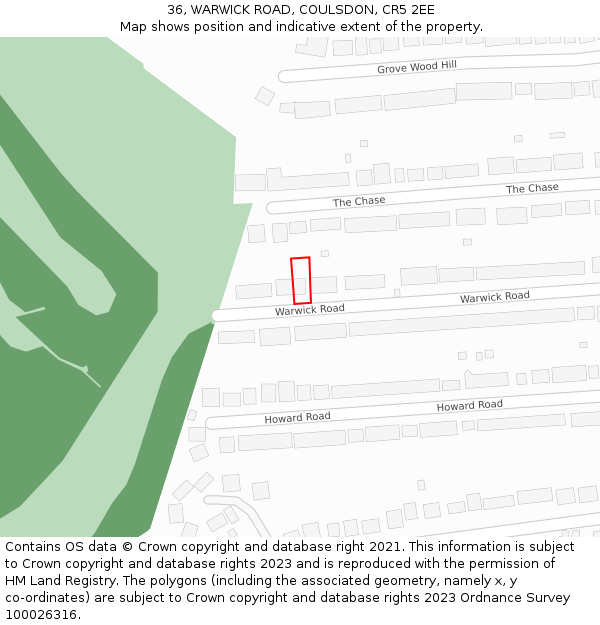 36, WARWICK ROAD, COULSDON, CR5 2EE: Location map and indicative extent of plot