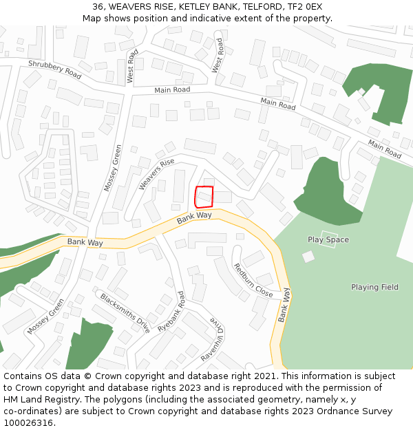 36, WEAVERS RISE, KETLEY BANK, TELFORD, TF2 0EX: Location map and indicative extent of plot