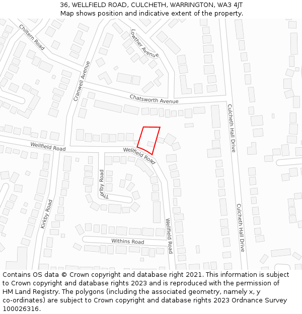 36, WELLFIELD ROAD, CULCHETH, WARRINGTON, WA3 4JT: Location map and indicative extent of plot