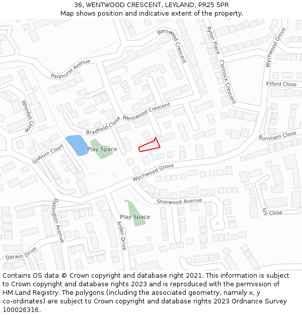 36, WENTWOOD CRESCENT, LEYLAND, PR25 5PR: Location map and indicative extent of plot