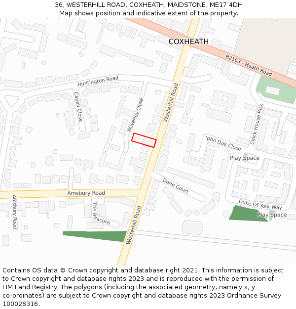 36, WESTERHILL ROAD, COXHEATH, MAIDSTONE, ME17 4DH: Location map and indicative extent of plot