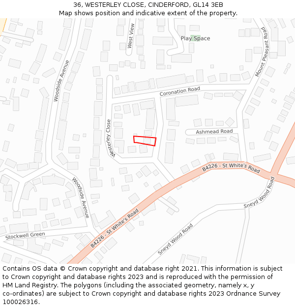 36, WESTERLEY CLOSE, CINDERFORD, GL14 3EB: Location map and indicative extent of plot