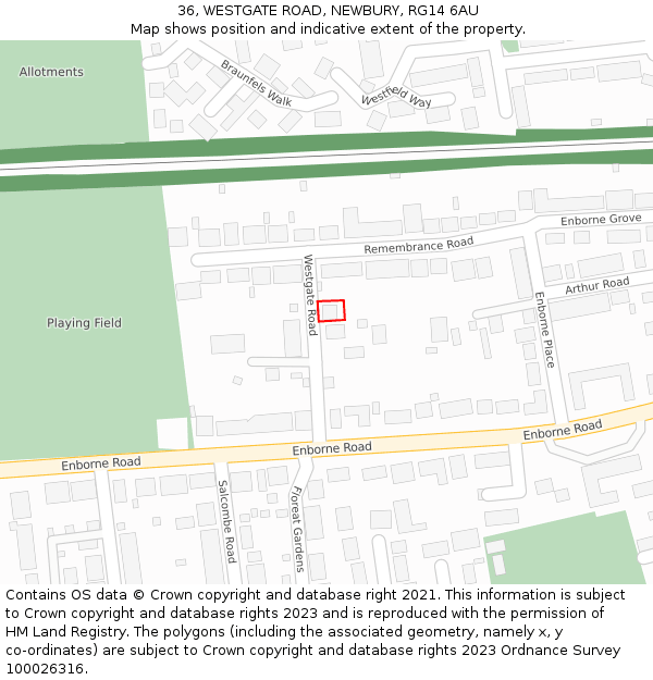 36, WESTGATE ROAD, NEWBURY, RG14 6AU: Location map and indicative extent of plot