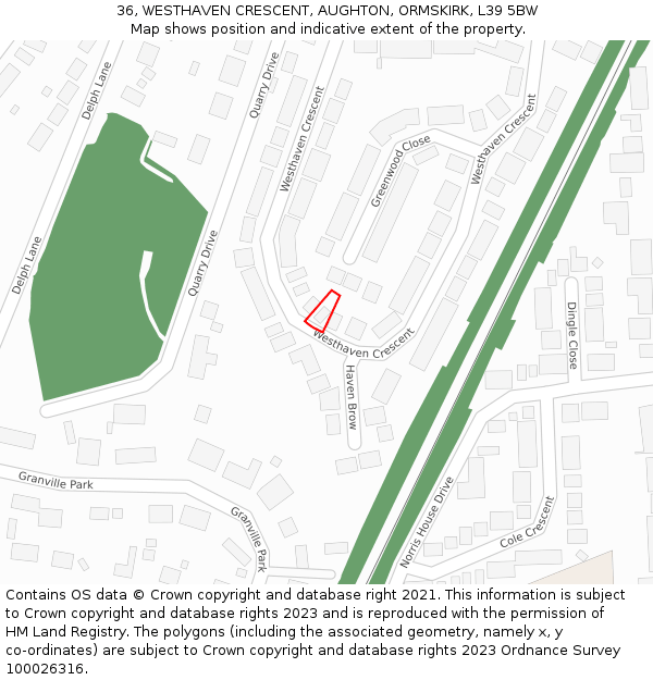 36, WESTHAVEN CRESCENT, AUGHTON, ORMSKIRK, L39 5BW: Location map and indicative extent of plot