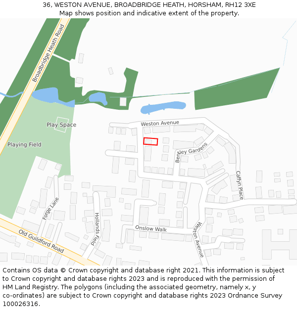 36, WESTON AVENUE, BROADBRIDGE HEATH, HORSHAM, RH12 3XE: Location map and indicative extent of plot