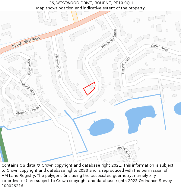 36, WESTWOOD DRIVE, BOURNE, PE10 9QH: Location map and indicative extent of plot