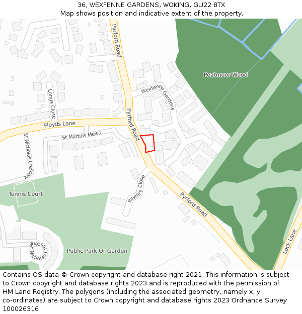 36, WEXFENNE GARDENS, WOKING, GU22 8TX: Location map and indicative extent of plot