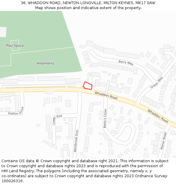 36, WHADDON ROAD, NEWTON LONGVILLE, MILTON KEYNES, MK17 0AW: Location map and indicative extent of plot