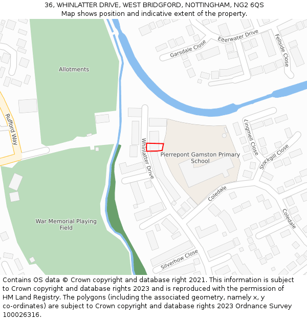 36, WHINLATTER DRIVE, WEST BRIDGFORD, NOTTINGHAM, NG2 6QS: Location map and indicative extent of plot