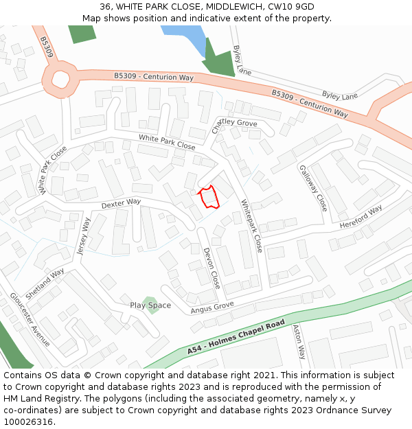 36, WHITE PARK CLOSE, MIDDLEWICH, CW10 9GD: Location map and indicative extent of plot