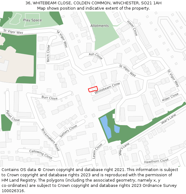 36, WHITEBEAM CLOSE, COLDEN COMMON, WINCHESTER, SO21 1AH: Location map and indicative extent of plot