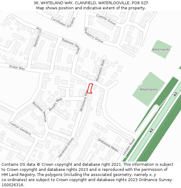 36, WHITELAND WAY, CLANFIELD, WATERLOOVILLE, PO8 0ZF: Location map and indicative extent of plot