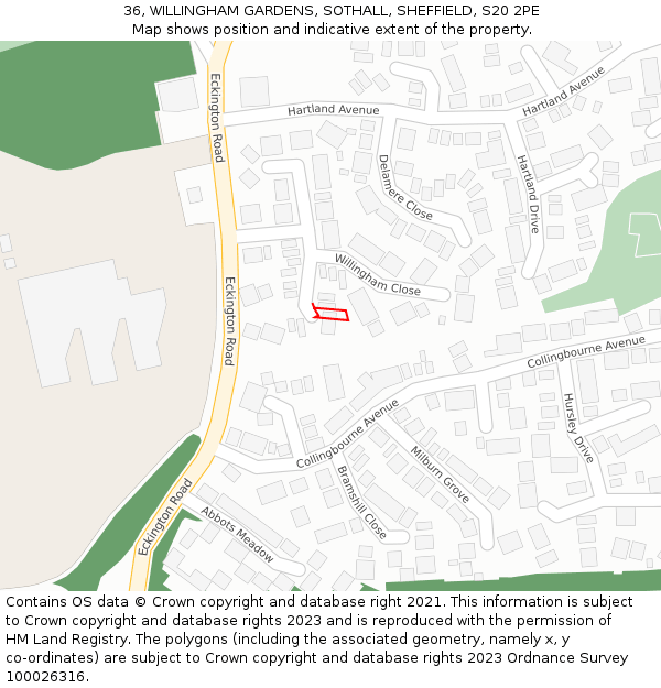 36, WILLINGHAM GARDENS, SOTHALL, SHEFFIELD, S20 2PE: Location map and indicative extent of plot