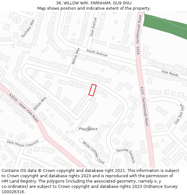 36, WILLOW WAY, FARNHAM, GU9 0NU: Location map and indicative extent of plot