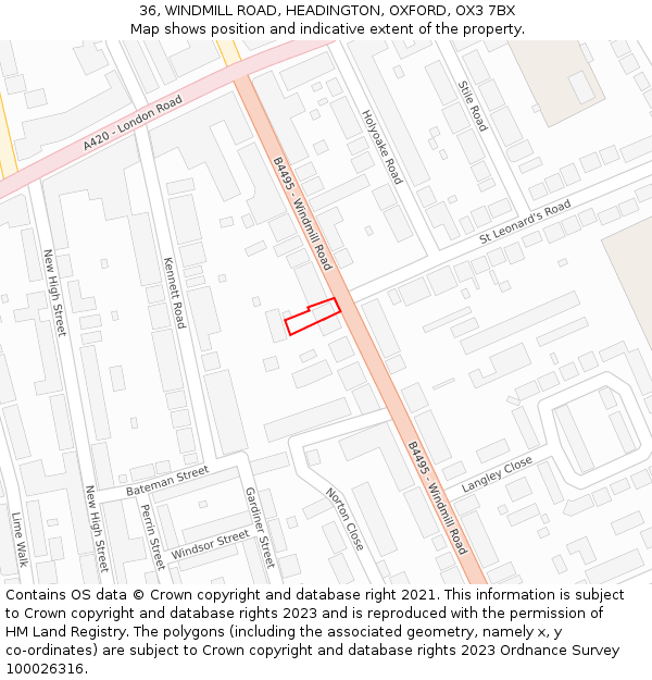 36, WINDMILL ROAD, HEADINGTON, OXFORD, OX3 7BX: Location map and indicative extent of plot