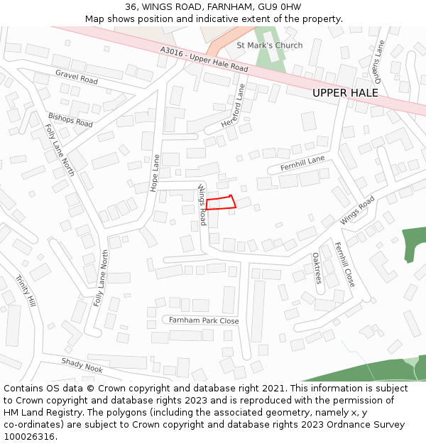 36, WINGS ROAD, FARNHAM, GU9 0HW: Location map and indicative extent of plot