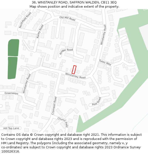 36, WINSTANLEY ROAD, SAFFRON WALDEN, CB11 3EQ: Location map and indicative extent of plot