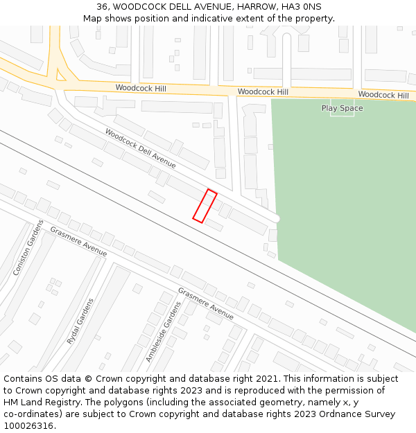 36, WOODCOCK DELL AVENUE, HARROW, HA3 0NS: Location map and indicative extent of plot