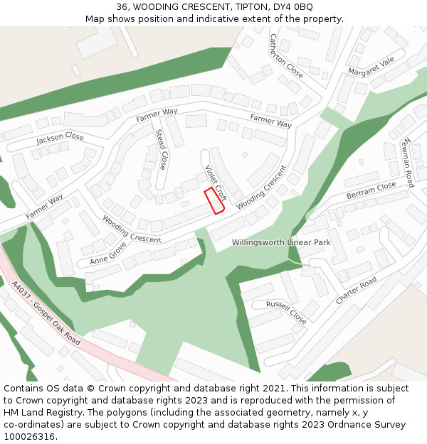 36, WOODING CRESCENT, TIPTON, DY4 0BQ: Location map and indicative extent of plot