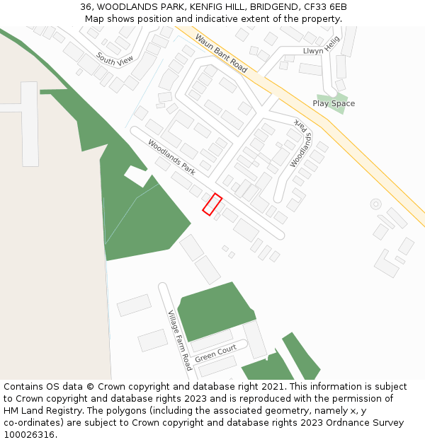 36, WOODLANDS PARK, KENFIG HILL, BRIDGEND, CF33 6EB: Location map and indicative extent of plot