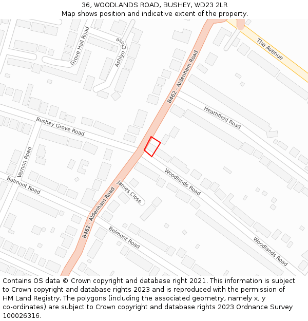 36, WOODLANDS ROAD, BUSHEY, WD23 2LR: Location map and indicative extent of plot