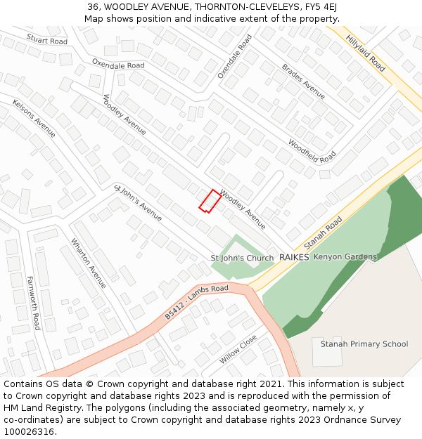 36, WOODLEY AVENUE, THORNTON-CLEVELEYS, FY5 4EJ: Location map and indicative extent of plot