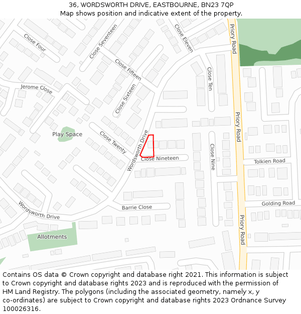 36, WORDSWORTH DRIVE, EASTBOURNE, BN23 7QP: Location map and indicative extent of plot