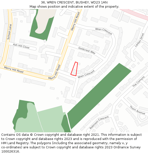 36, WREN CRESCENT, BUSHEY, WD23 1AN: Location map and indicative extent of plot