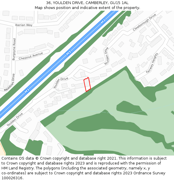 36, YOULDEN DRIVE, CAMBERLEY, GU15 1AL: Location map and indicative extent of plot