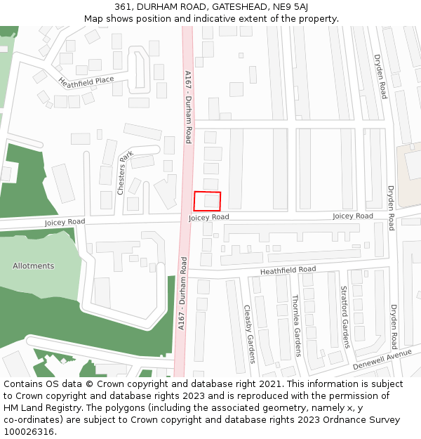 361, DURHAM ROAD, GATESHEAD, NE9 5AJ: Location map and indicative extent of plot