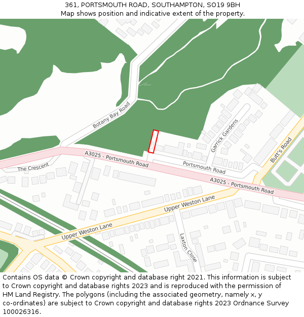 361, PORTSMOUTH ROAD, SOUTHAMPTON, SO19 9BH: Location map and indicative extent of plot